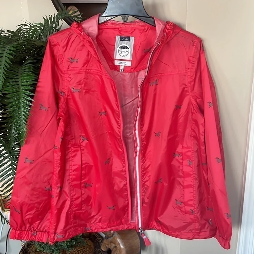 Brand New Joules Waterproof Breathable Rain Coat Zippered Jacket Red Dogs Hood